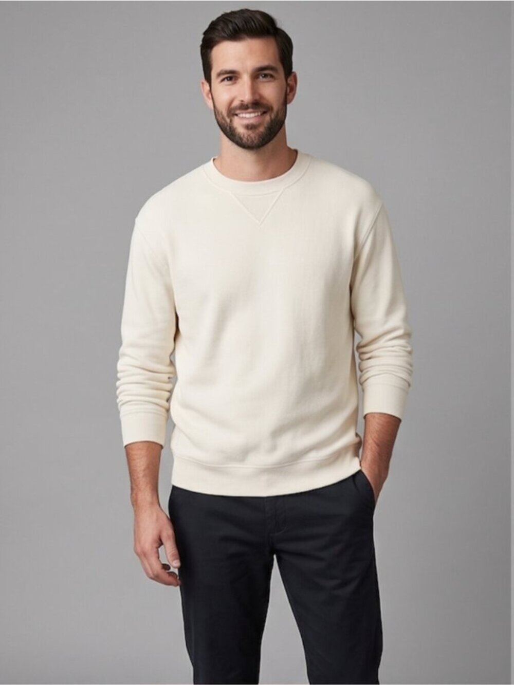 Club Monaco White Rib Crew Neck Sweatshirt – V-Stitch Triangle Insert